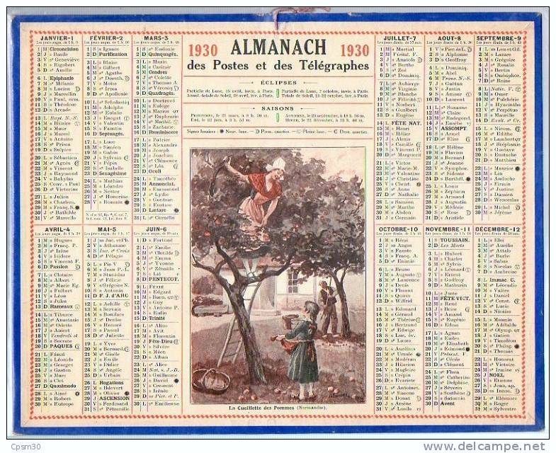 ANCIEN CALENDRIER des PTT ANNEE 1930 §§